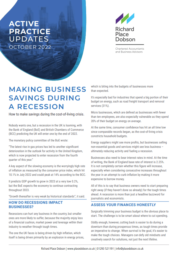 Active Practice Updates - Making business savings during a recession